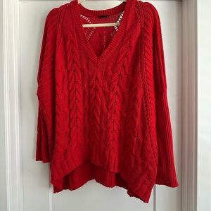 Red Cable Knit V-Neck Sweater